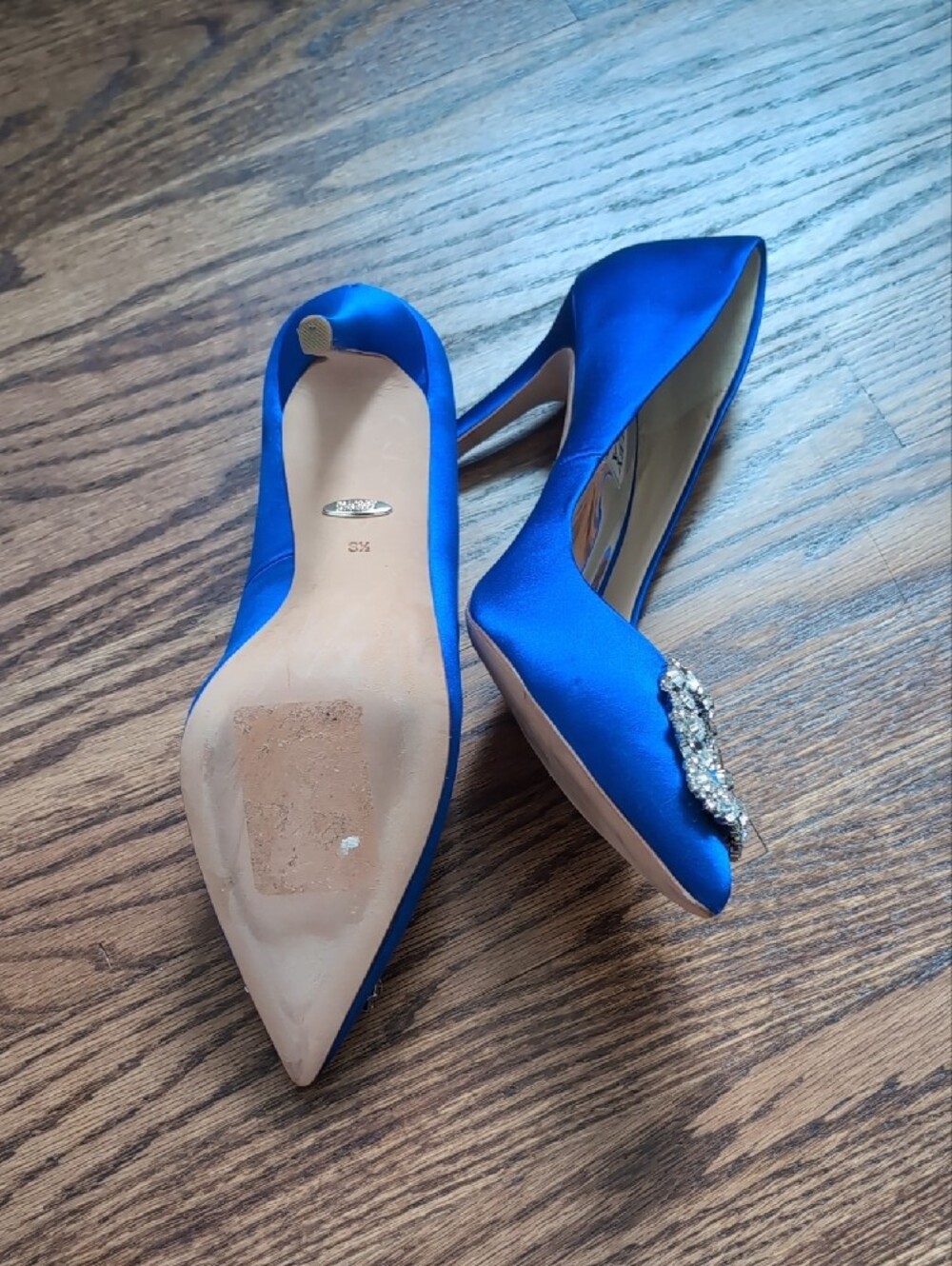 Badgley Mischka Cobalt Blue Satin Pointed-Toe Pumps with Crystal Buckles - Picture 6 of 8